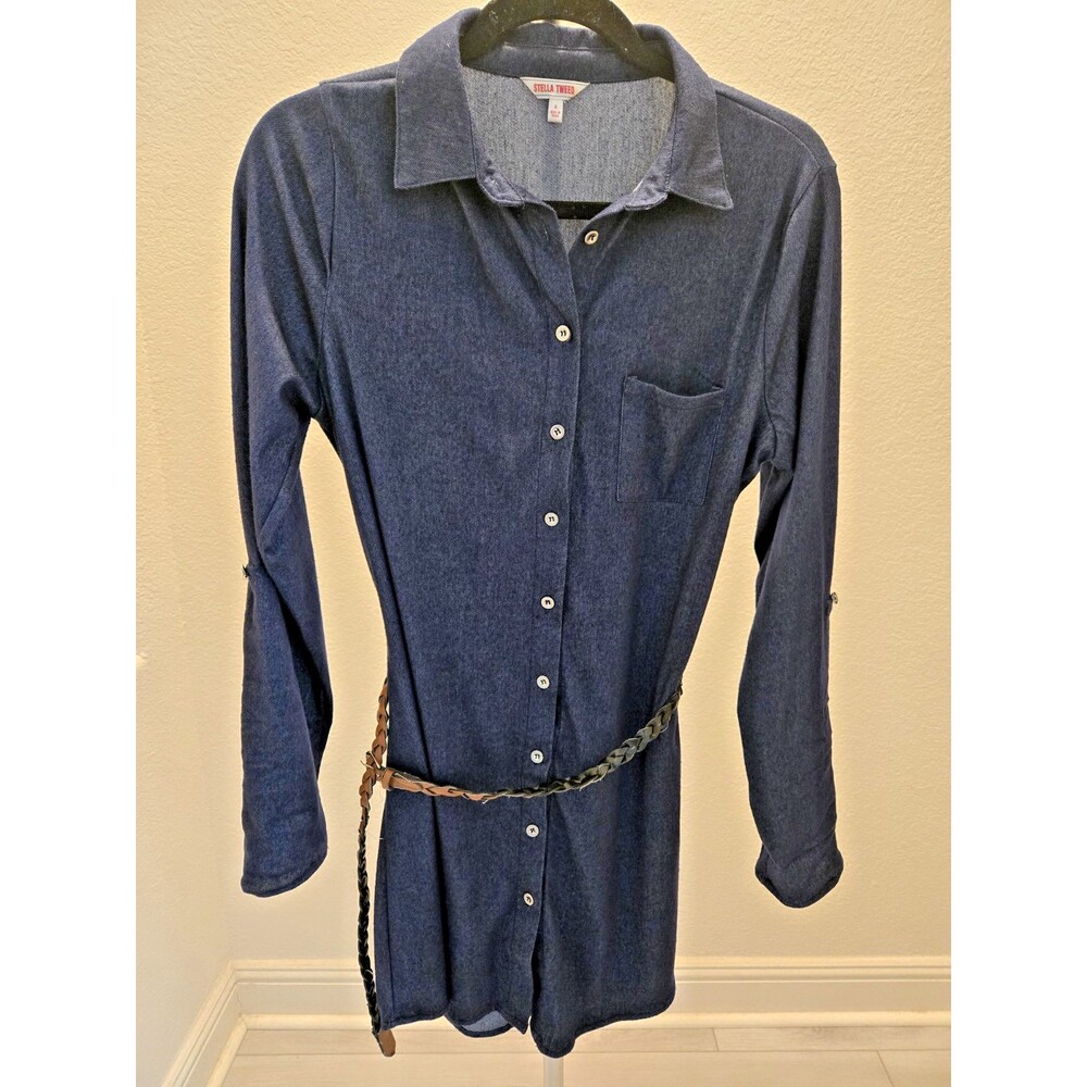 Stella Tweed Denim Shirt Dress M Womens Dark Wash Roll Tab Sleeve Belted Button